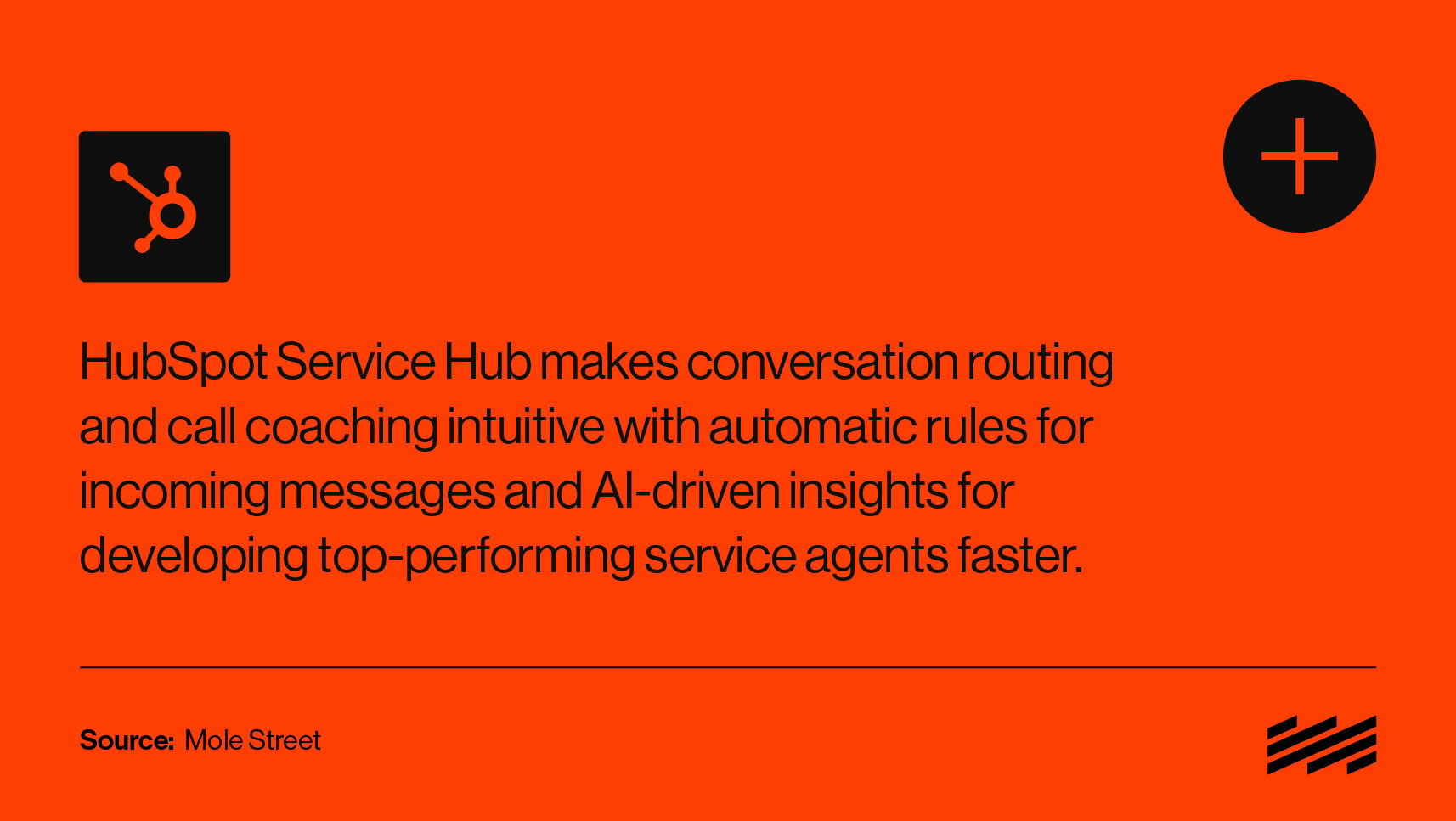 A graphic treatment of text pulled from the article that reads: HubSpot Service Hub makes conversation routing and call coaching intuitive with automatic rules for incoming messages and AI-driven insights for developing top-performing service agents faster.