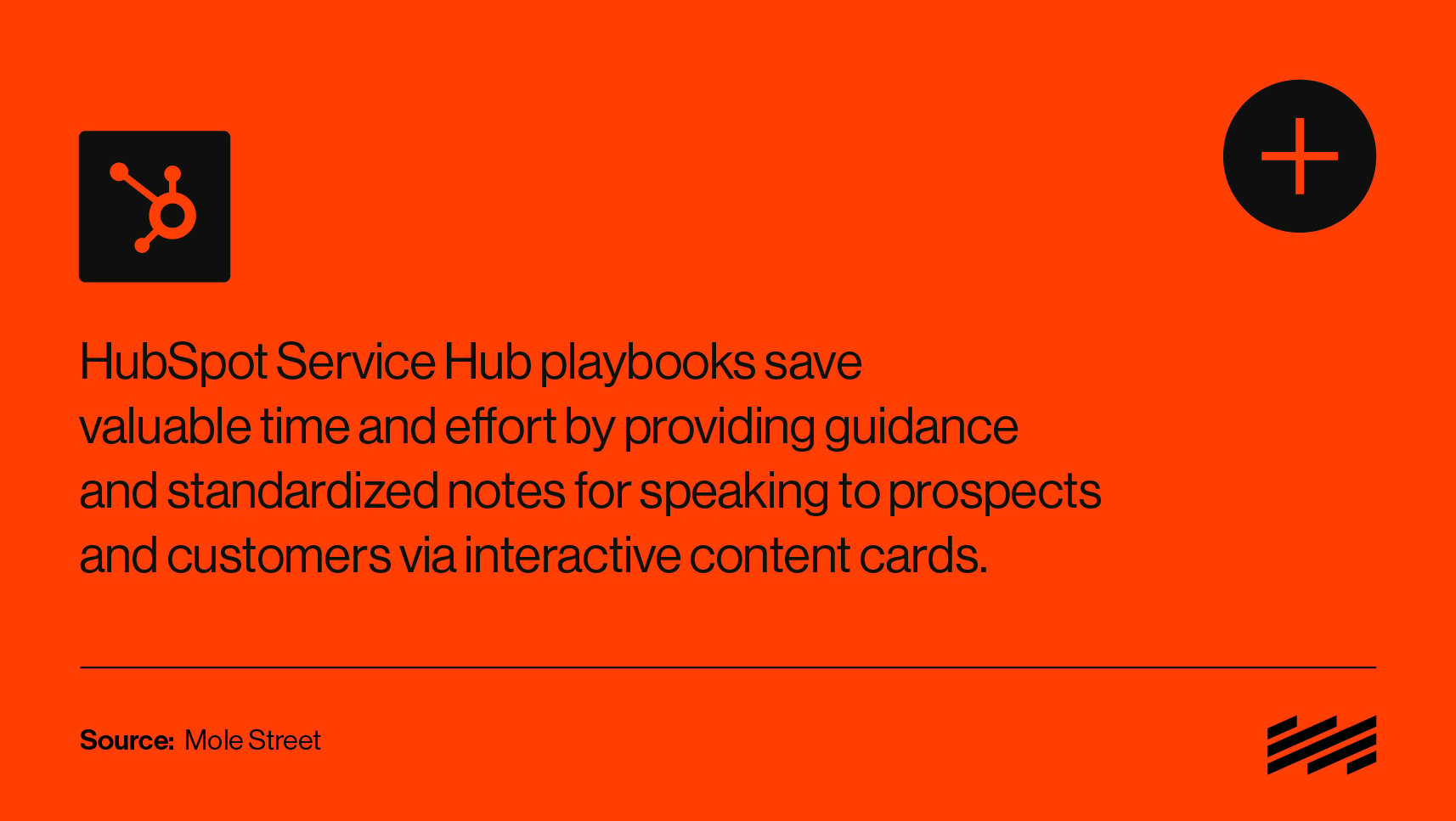 A graphic treatment of text pulled from the article that reads: HubSpot Service Hub playbooks save valuable time and effort by providing guidance and standardized notes for speaking to prospects and customers via interactive content cards
